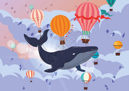 漂浮热气球飞翔的鲸插画