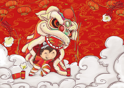 传统红色云纹过年舞狮插画