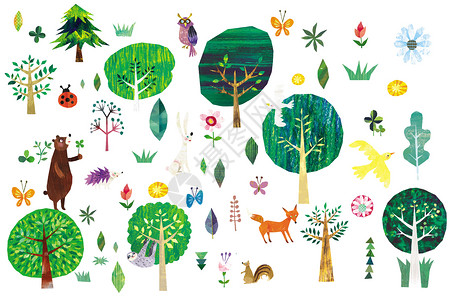 狐狸和乌鸦森林树木花鸟元素插画