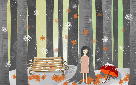 秋天的森林冬季落叶女孩插画