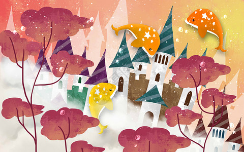 童话世界城堡梦幻海豚城堡插画