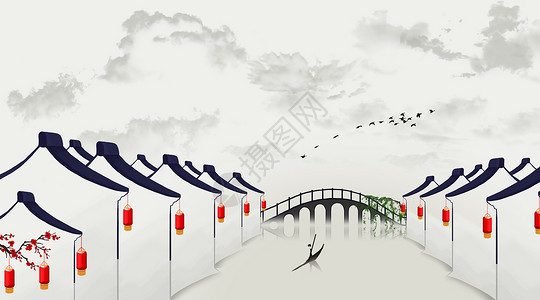 钢拱桥中国风水墨小镇插画