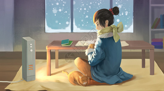 做作业的女孩冬天坐在暖器旁的女孩插画