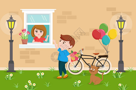自行车气球情侣清新风景插画插画