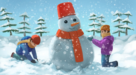 雪中嬉戏堆雪人的两个孩子插画