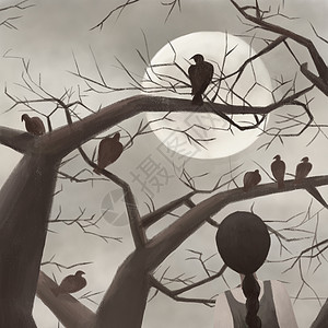 另类疗法月色树上的乌鸦插画