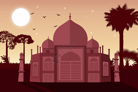 清真寺剪影夕阳下的城堡插画