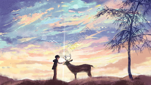 鹿科动物少年和鹿唯美相遇插画