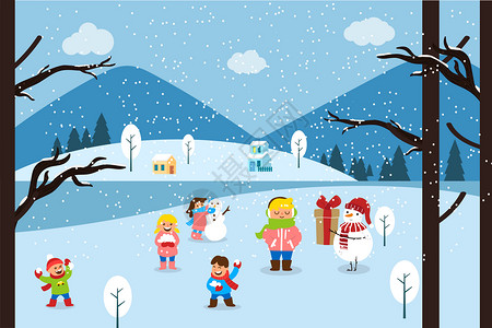 冬日小孩玩耍风景插画背景图片