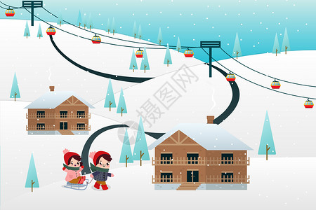 冬季滑雪男孩冬日滑雪背景插画插画