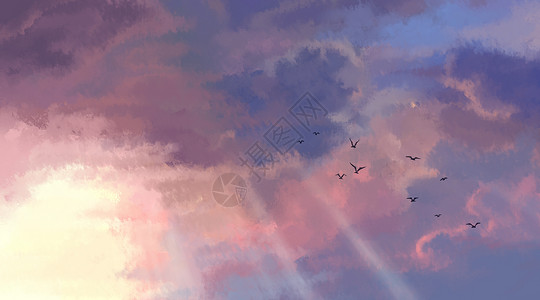 光柱晚霞云彩中的鸟儿插画