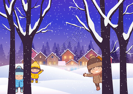 打招呼的男孩下雪天孩子们在树后面打招呼插画