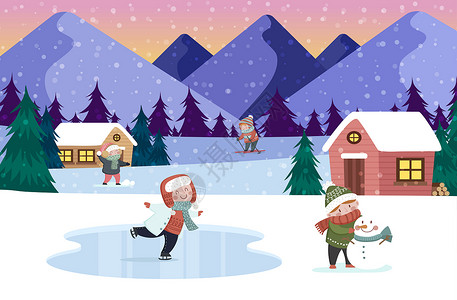 冬季村庄在雪地玩耍的小朋友插画