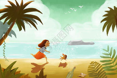 沙滩美人鱼海边旅游开心时刻插画
