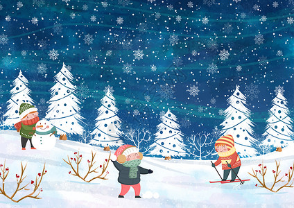 冬雪里玩耍冬季树木圣诞堆雪人高清图片