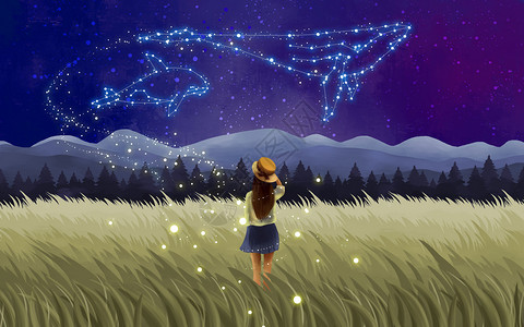 傍晚的山眺望星空的女孩插画