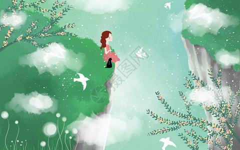 树枝山顶悬崖上的女孩插画