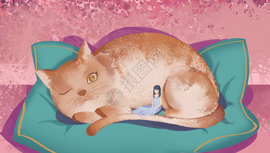 手绘橘猫橘猫和睡觉的人插画