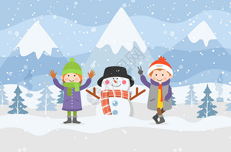小孩子堆雪人小朋友在雪中与雪人合影插画