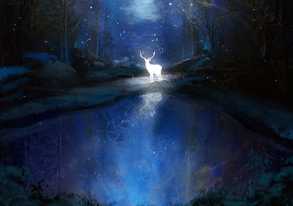 森林夜色夜色中的麋鹿插画