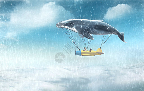 翱翔的飞机雨天翱翔的鲸插画