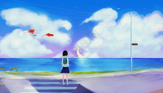 金鱼风筝梦境中的海插画