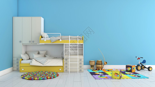双层床简约清新室内儿童房家居背景设计图片