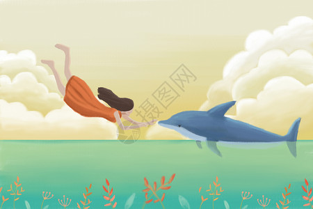 女孩与海豚手绘跳跃海豚高清图片