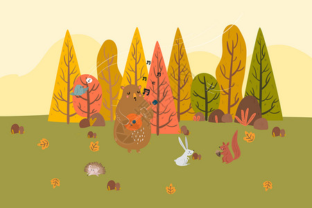 拿着树枝的兔子动物风景插画插画
