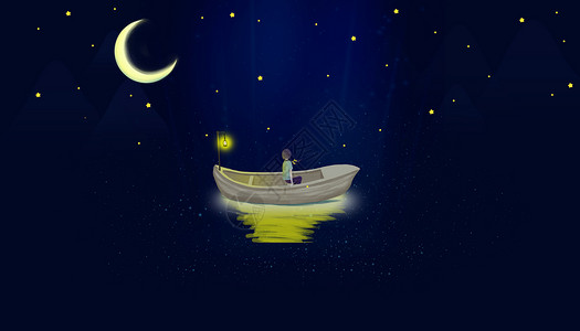 月亮下的麋鹿星空小船上的麋鹿插画