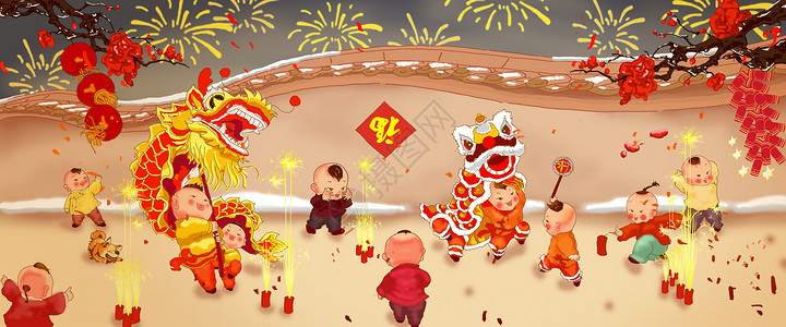 中国舞狮新年插画
