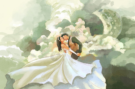 新娘手绘情人节拍婚纱照插画