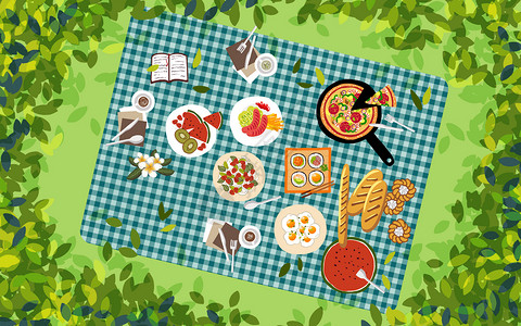 香肠面包草坪野餐插画