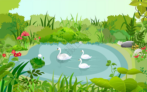 绿藤边框溪水的鹅插画