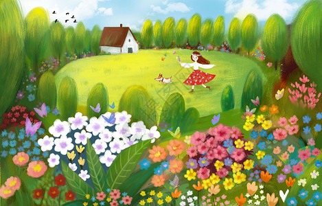白狗花朵素材少女花园插画