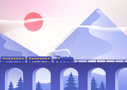 紫色夜桥清晨开往回家路上的火车插画