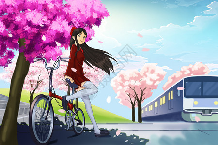 假日骑行樱花树下的少女插画