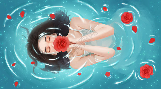 美女玫瑰泡温泉的女子插画