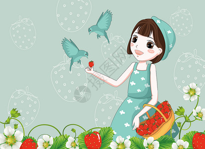 草莓篮子采草莓的小女孩插画