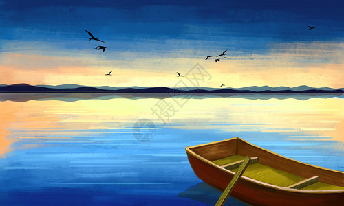木桨夕阳下渔船插画