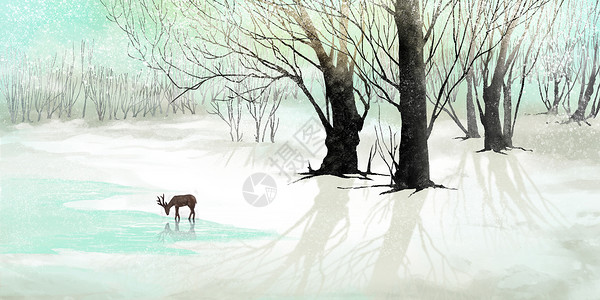 枯树与鹿中国风水墨背景插画