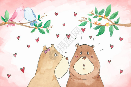 粉色手绘熊动物情人节插画