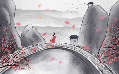 红色拱桥中国风古典画插画