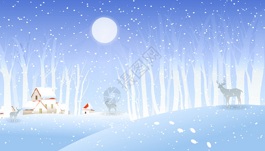 蓝色星空与圆月冬日里的小鹿插画