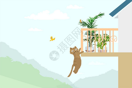 虎跳崖阳台小猫插画