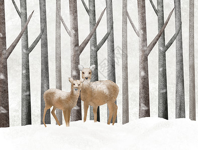 雪中树林和鹿图片