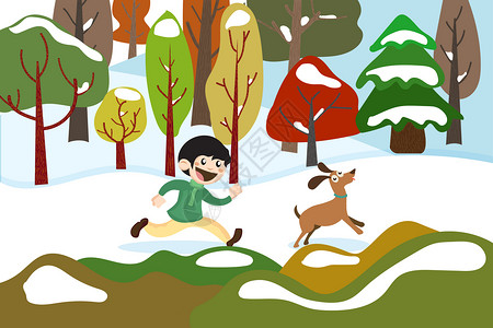 雪中奔跑的孩子和狗图片