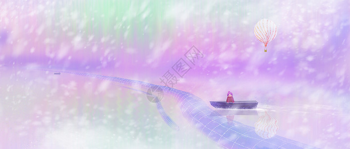 大海降落伞雪中的小女孩插画