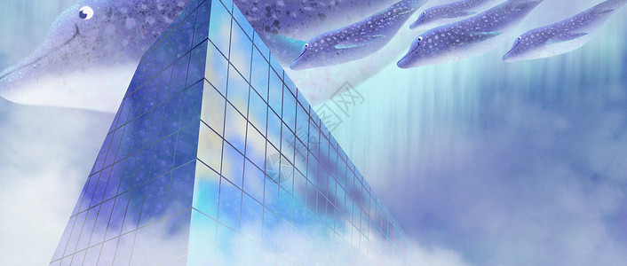 雾蓝城市上空的海豚插画