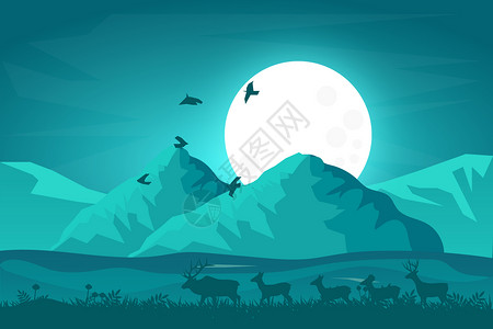大觉山风景月光下的麋鹿插画
